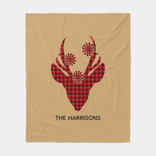 赤バッファロープレイドディアヘパーソナライズされたッド フリースブランケット (正面)