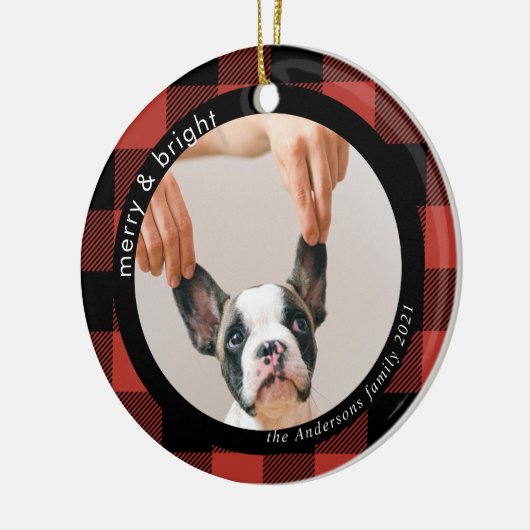 赤バッファロープレイドファミリードッグ |明メリーるい セラミックオーナメント (左)