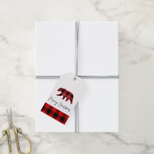 赤バッファロープレイドベア&メリークリスマス ギフトタグ (より糸付き)
