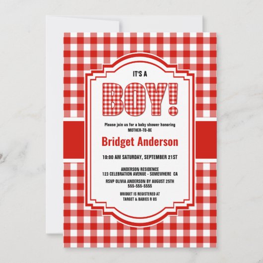 赤バッファロープレイドベイビーシャワー 招待状 (正面)