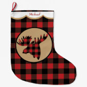 赤バッファロープレイドムースパーソナライズされたヘッド ラージクリスマスストッキング (正面)