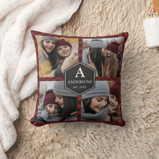 赤バッファロープレイドランバージャックファミリーフォトコラージュ クッション (ブランケット)