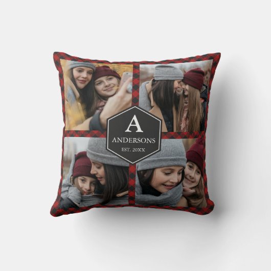 赤バッファロープレイドランバージャックファミリーフォトコラージュ クッション (裏面)