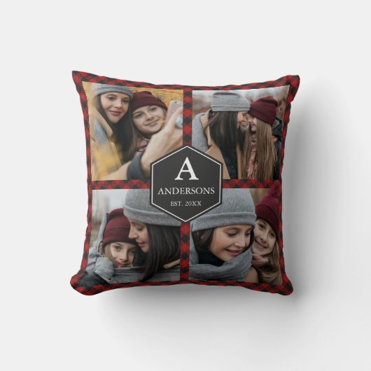 赤バッファロープレイドランバージャックファミリーフォトコラージュ クッション (正面)