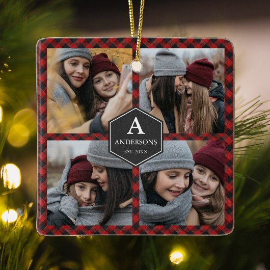 赤バッファロープレイドランバージャックファミリーフォトコラージュ セラミックオーナメント