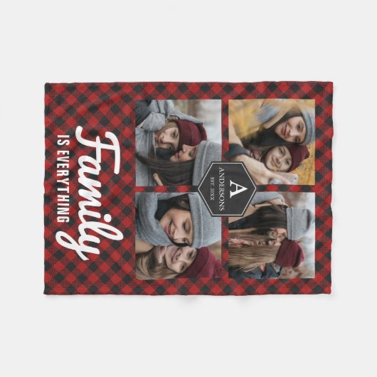 赤バッファロープレイドランバージャックファミリーフォトコラージュ フリースブランケット (正面(横))