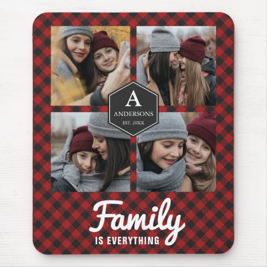 赤バッファロープレイドランバージャックファミリーフォトコラージュ マウスパッド (正面)