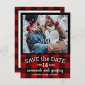 赤バッファロープレイド写真ウェディング日付を保存 案内ポストカード (正面/裏面)