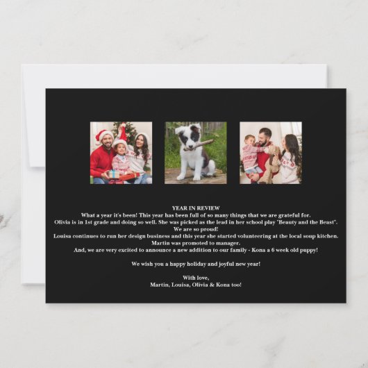 赤バッファロープレイド年のレビューのクリスマスフォト シーズンカード (裏面)