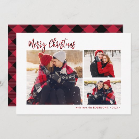 赤バッファロープレイド素朴3数々の写真クリスマス シーズンカード (正面/裏面)