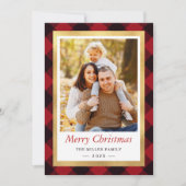 赤バッファロープレイド金ゴールドフレームメリークリスマスフォト シーズンカード (正面)