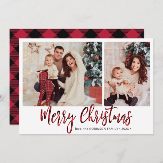 赤バッファロープレイド2フォトコラージクリスマス シーズンカード (正面/裏面)