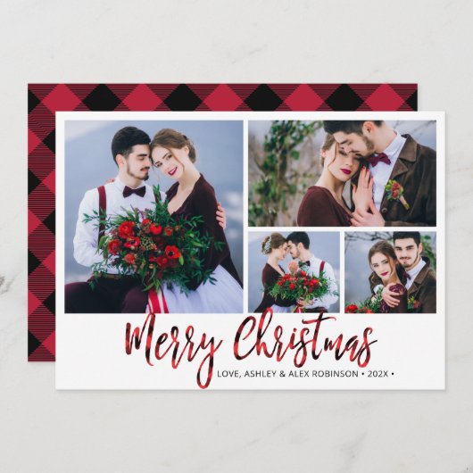 赤バッファロープレイド4写真コラージクリスマス シーズンカード (正面/裏面)
