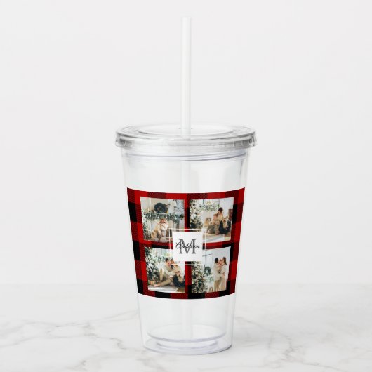 赤バッファロープレイド&コラージュの写真とイニシャル アクリルタンブラー (正面)