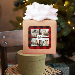 赤バッファロープレイド&コラージュの写真とイニシャル スクエアシール