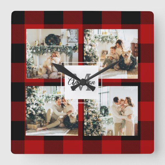 赤バッファロープレイド&コラージュの写真とイニシャル スクエア壁時計 (正面)