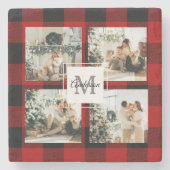 赤バッファロープレイド&コラージュの写真とイニシャル ストーンコースター (正面)