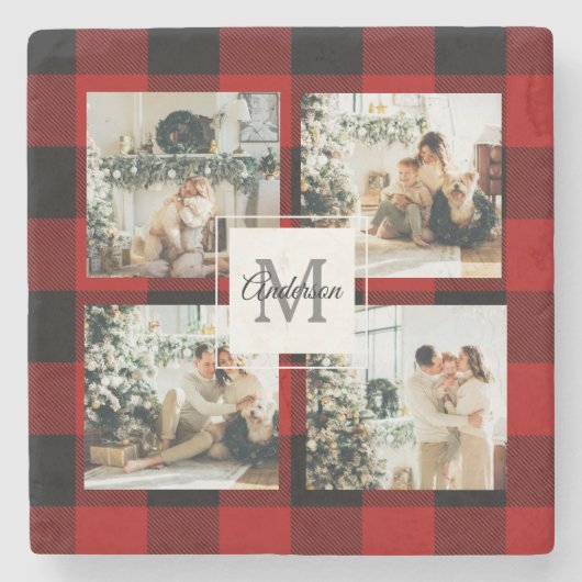 赤バッファロープレイド&コラージュの写真とイニシャル ストーンコースター (正面)