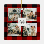 赤バッファロープレイド&コラージュの写真とイニシャル セラミックオーナメント (裏面)