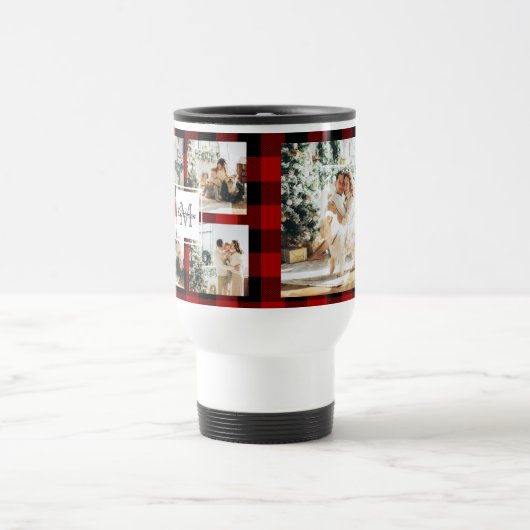 赤バッファロープレイド&コラージュの写真とイニシャル トラベルマグ (中央)