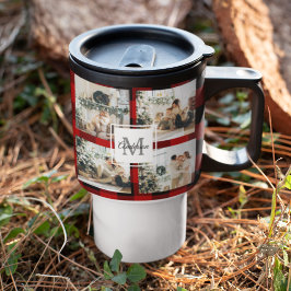 赤バッファロープレイド&コラージュの写真とイニシャル トラベルマグ