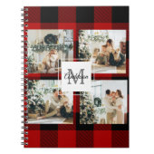 赤バッファロープレイド&コラージュの写真とイニシャル ノートブック (正面)