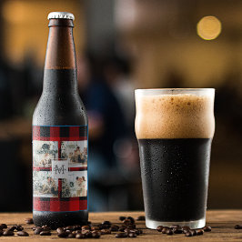 赤バッファロープレイド&コラージュの写真とイニシャル ビールラベル