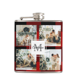 赤バッファロープレイド&コラージュの写真とイニシャル フラスク