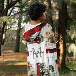 赤バッファロープレイド&コラージュの写真とイニシャル フリースブランケット