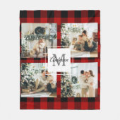 赤バッファロープレイド&コラージュの写真とイニシャル フリースブランケット (正面)