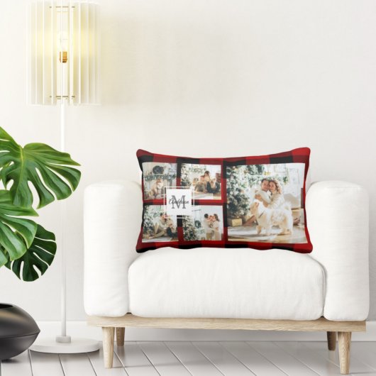 赤バッファロープレイド&コラージュの写真とイニシャル ランバークッション