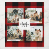 赤バッファロープレイド&コラージュの写真とイニシャル ワインラベル (シングルラベル)