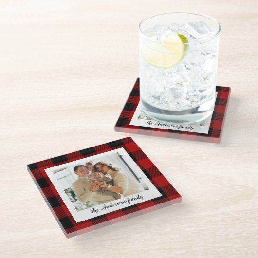 赤バッファロープレイド&個人名と写真 ガラスコースター (アングル)