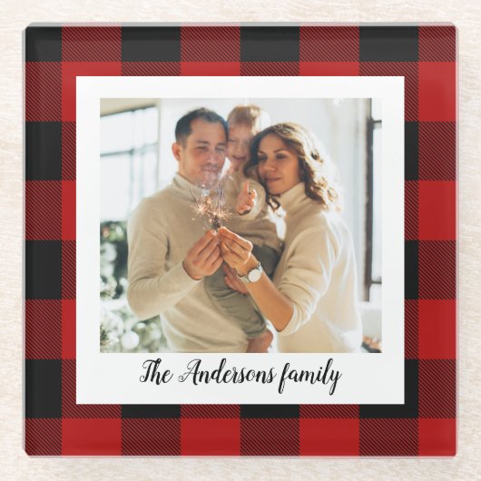 赤バッファロープレイド&個人名と写真 ガラスコースター (正面)