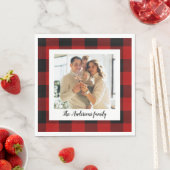 赤バッファロープレイド&個人名と写真 スタンダードランチョンナプキン (インサイチュ)