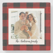 赤バッファロープレイド&個人名と写真 ストーンコースター (正面)