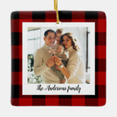 赤バッファロープレイド&個人名と写真 セラミックオーナメント (正面)