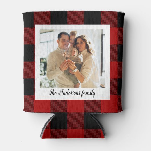 赤バッファロープレイド&個人名と写真 缶クーラー (正面)