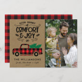 赤バッファロー格子状トラック写真クリスマスカード (正面/裏面)