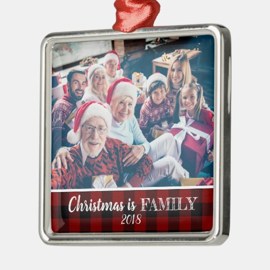 赤バッファ素朴ロープレイド写真クリスマスファミリー メタルオーナメント (左)