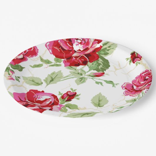 赤バラと白クラシックプリント紙プレート ペーパープレート (アングル)