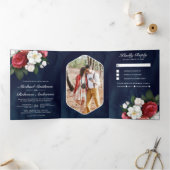 赤バラと白マグノリアネイビーブルー結婚ズ 三つ折り招待状 (内部)