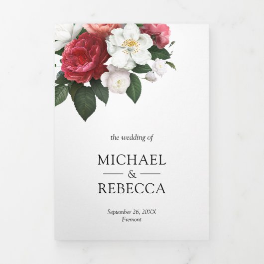 赤バラと白マグノリアボタニカル結婚ズ 三つ折り招待状 (カバー)