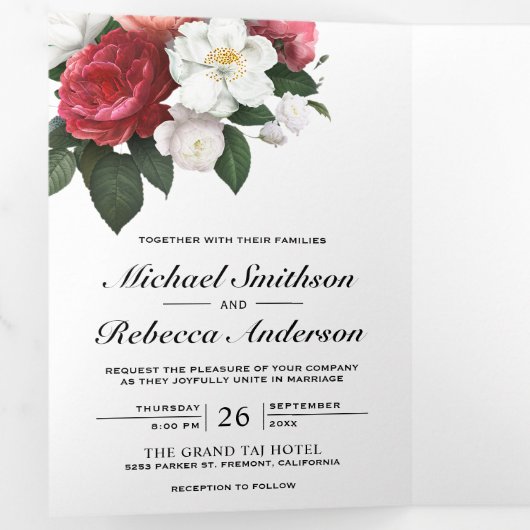 赤バラと白マグノリアボタニカル結婚ズ 三つ折り招待状 (内部最初)