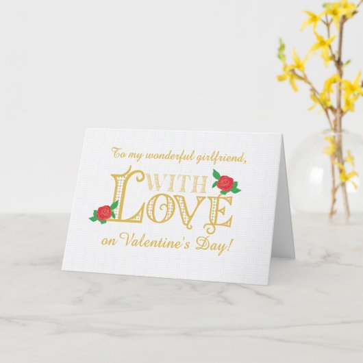 赤バラのカードとガールフレンドのバレンタインデー カード (黄色い花)