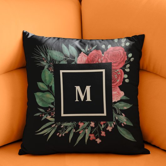 赤バラ水彩花模様 クッション