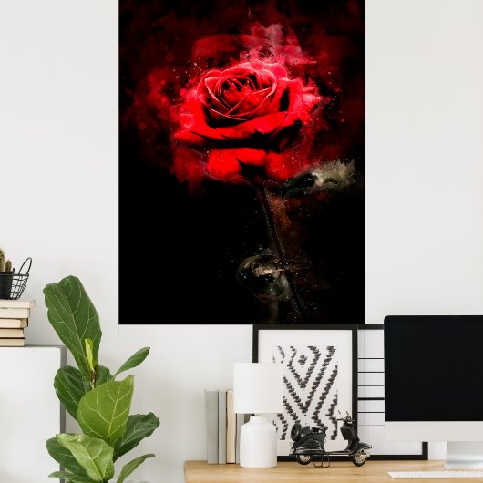 赤バラ花水色 – bb ポスター (ホームオフィス)