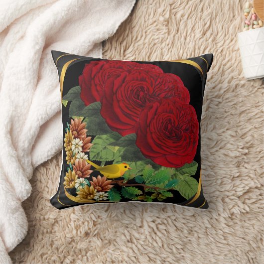 赤バラ鳥まくら クッション (ブランケット)