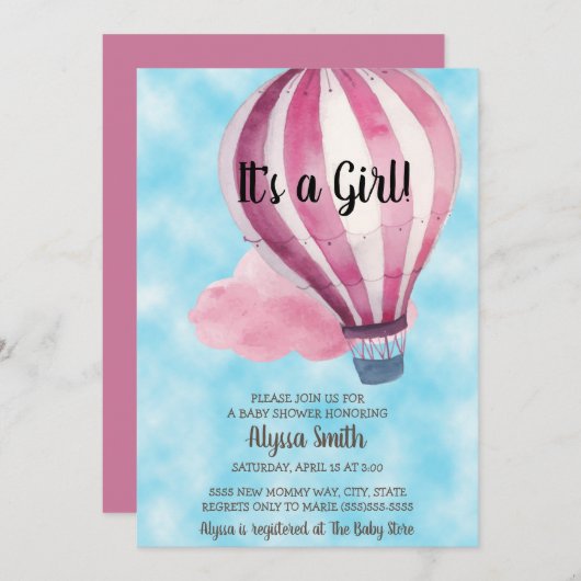 赤バルーンブルースカイ赤ちゃん女の子ベビーシャワー 招待状 (正面/裏面)