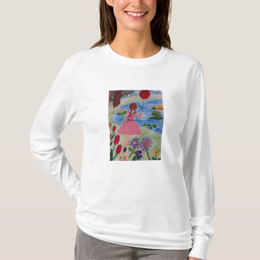 赤バルーン長袖Tシャツ付き少女 Tシャツ (正面)